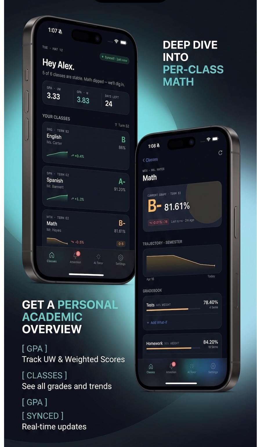 Two iPhone screens — a dashboard listing classes with grades and trends, and a class detail view showing the current grade, semester trajectory, and gradebook by category.